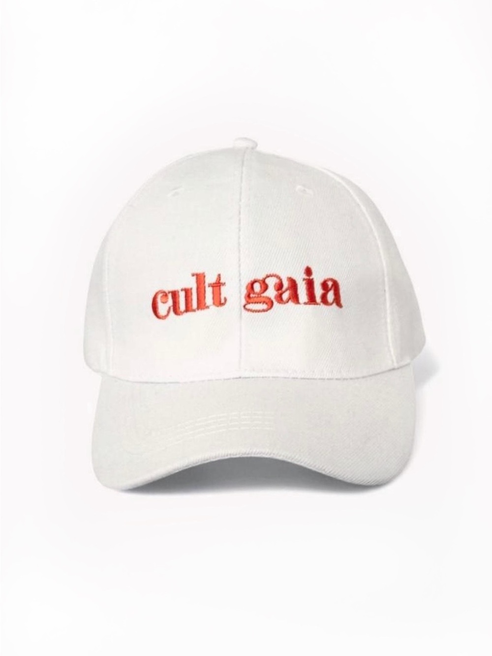 Orange Baseball Cap with White Embroidered Text reading 'Cult Gaia'